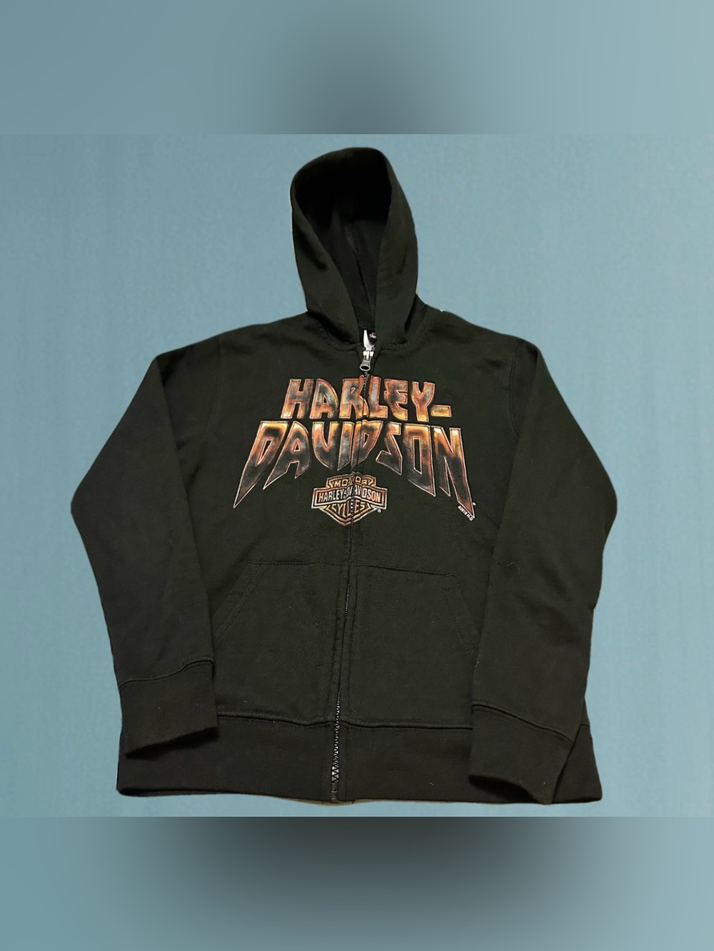 Harley-Davidson Black Kids Hooded Zip-Up Jacket with Orange Logo size 8